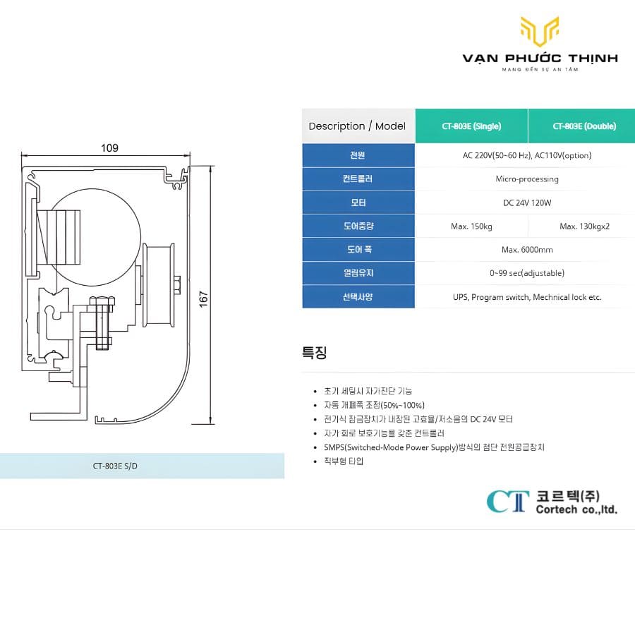 Thông số kỹ thuật Cửa tự động Hàn Quốc Cortech CT-803E