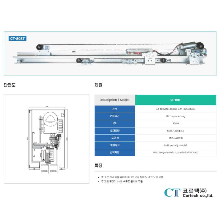 Sơ đồ thông số kỹ thuật Cửa tự động Cortech CT-803T