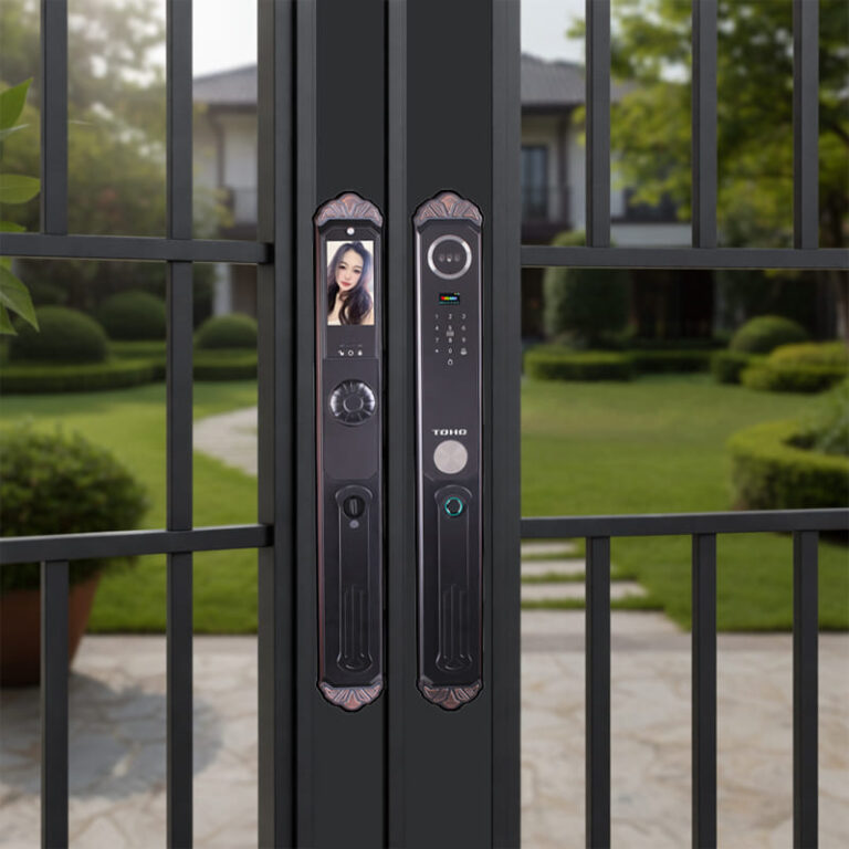Khóa vân tay cửa biệt thự TOHO TH753 trên cửa gỗ đại sảnh sang trọng màu đồng đen
