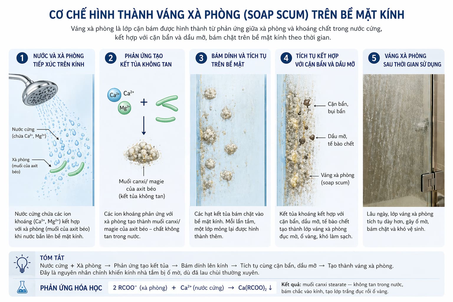 Cơ chế hình thành váng xà phòng (soap scum) trên bề mặt kính